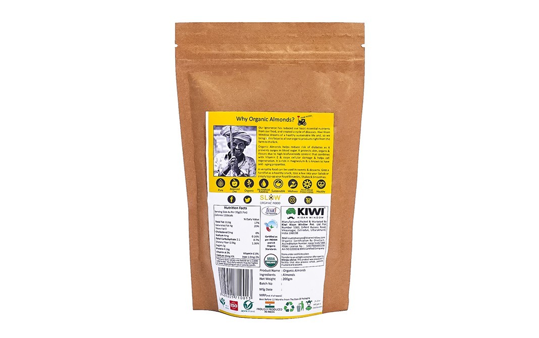 Kiwi Kisan Window Organic Almonds    Pack  200 grams